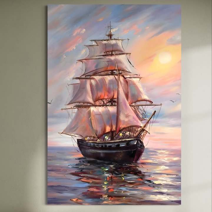 Prémium vászonfestés, LuxCanva® A1304, gőz a tengeren, 60 x 90 CM, 100% pamutvászon 400 g/m2, fakeret, nappali, vitorlák, napkelte, madarak, árboc, hálószoba, élénk színek