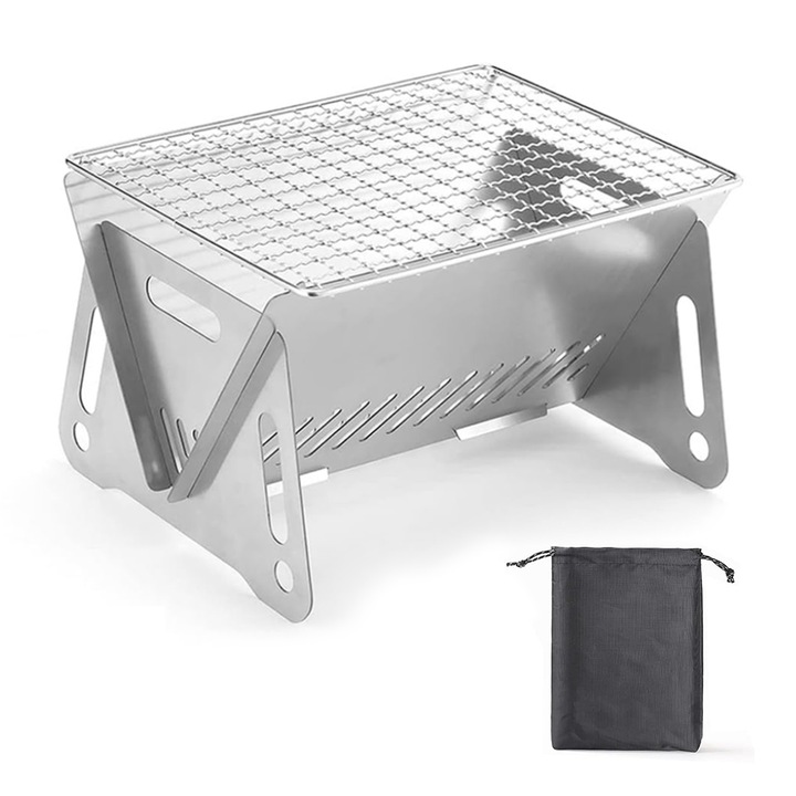 Mini cuptor portabil pliabil pentru gratar, Kitgody, Otel inoxidabil, 19 x 16 x 13 cm, Argintiu