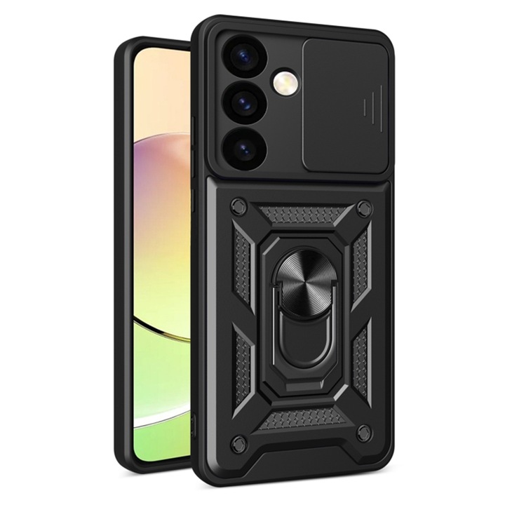 Telefon tok, kompatibilis a Samsung Galaxy S24 Plus készülékkel, Rugged Shield LensProtect, Anti-Shock, Csúsztatható kamerafedél, Objektív védelem, Teljes lefedettség, Fogantyú gyűrű, Mágnes, Fekete