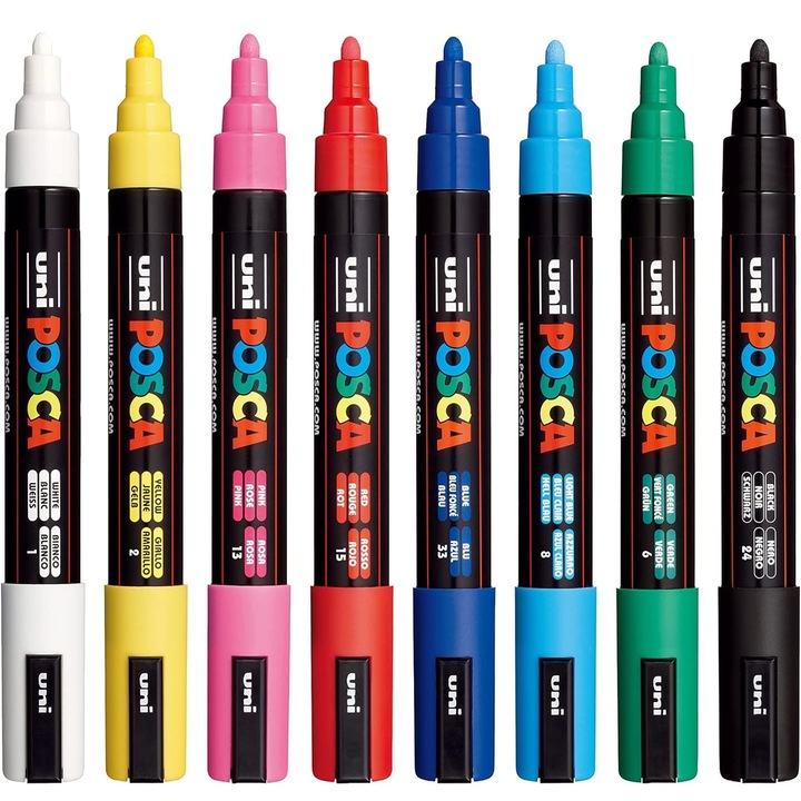 Set 8 Markere POSCA UNI Mitsubishi 5M, 1.8-2.5mm, culori de baza, varf mediu, markere cu vopsea pe baza de apa