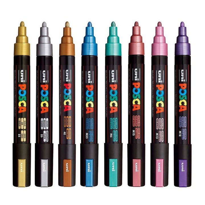 Комплект от 8 маркера POSCA UNI Mitsubishi 5M METALLIC, 1.8-2.5mm, среден връх, маркери с боя на водна основа