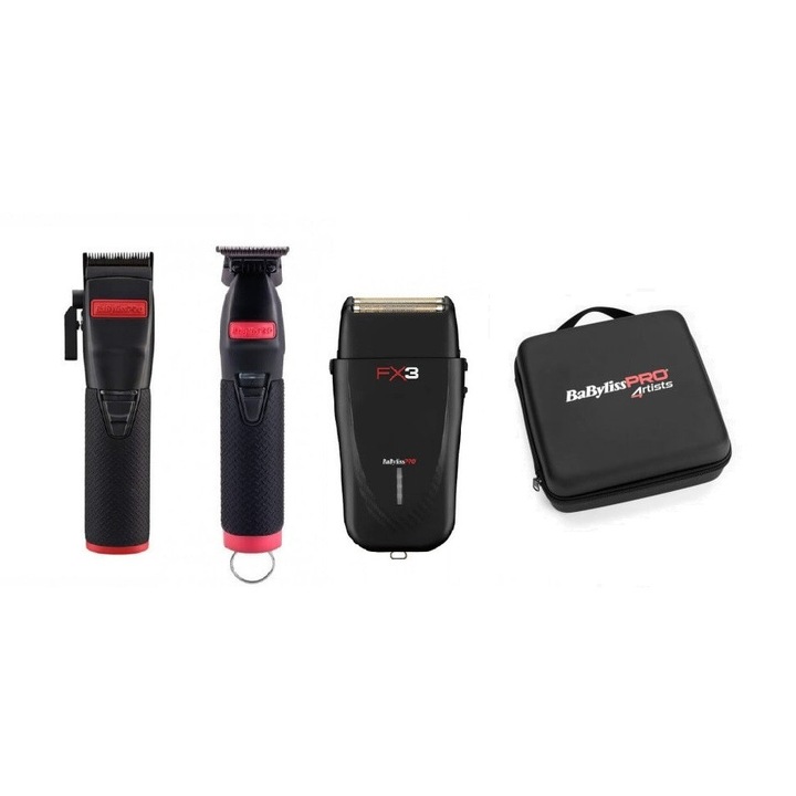 Пълен комплект за подстригване, Babyliss 4Artists Red and Black, машинка за подстригване, контурна машина, самобръсначка и чанта за носене