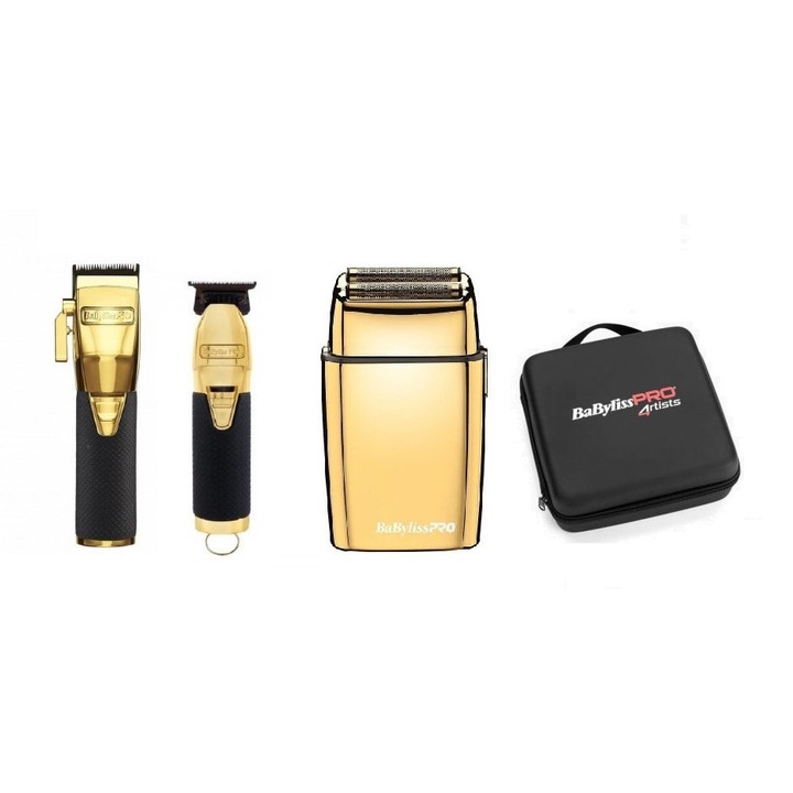 Пълен комплект за подстригване, Babyliss 4Artists Black and Gold, машинка за подстригване, контурна машина, самобръсначка и чанта за носене