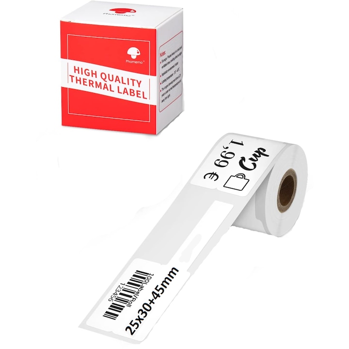 Ролка термо самозалепващи етикети за бижута 25 х 30 + 45 мм, бели, 100 етикета, съвместими с принтери Phomemo M110 / M120 / M200 / M220