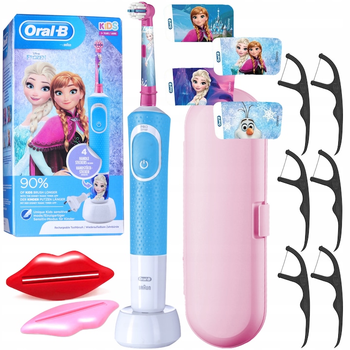 Szett, Elektromos fogkefe, Oral-B Vitality Kids, Gyerekeknek, Frozen, alabástrom, Utazótáska, 2 db paszta kinyomó, Fogselyem