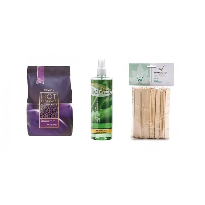 Комплект за епилация, Italwax Hot Film, Plum Wax, 1 кг с алое вера лосион за предварително обезкосмяване 500 мл с големи шпатули 100 бр.