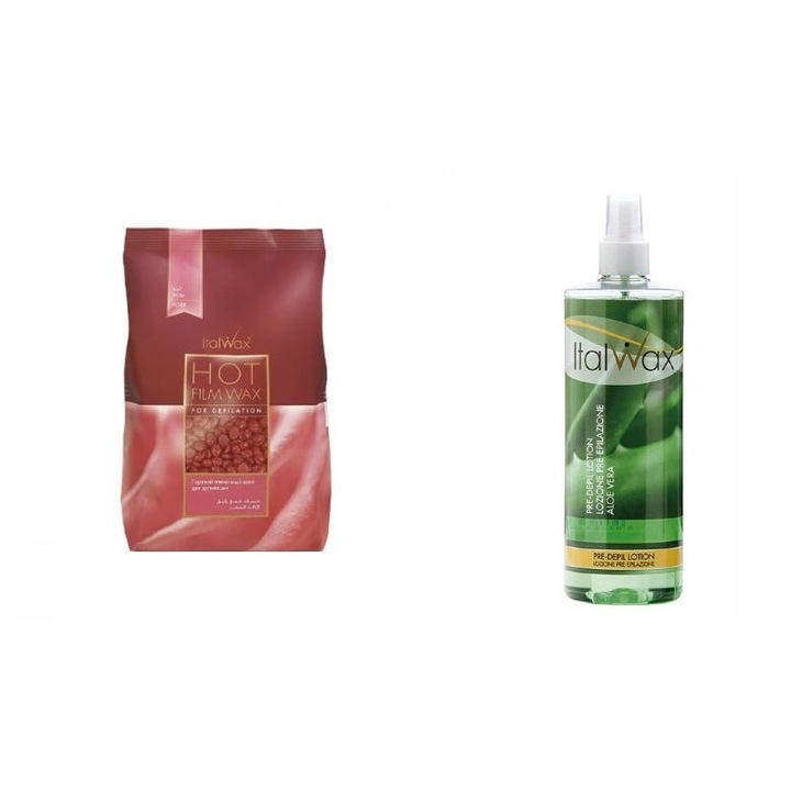 Set Epilare, Italwax Hot Film, Ceara trandafiri 1 kg si Lotiune preepilare Aloe Vera 500 ml