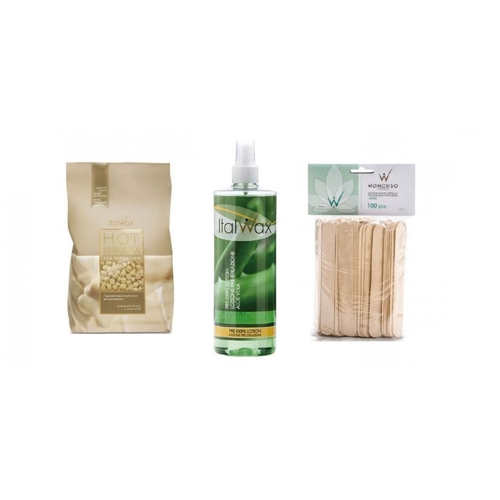 Szőrtelenítő készlet, Italwax Hot Film, csokoládé viasz 1 kg, aloe vera előszőrtelenítő krém 500 ml, nagy spatulák 100 db