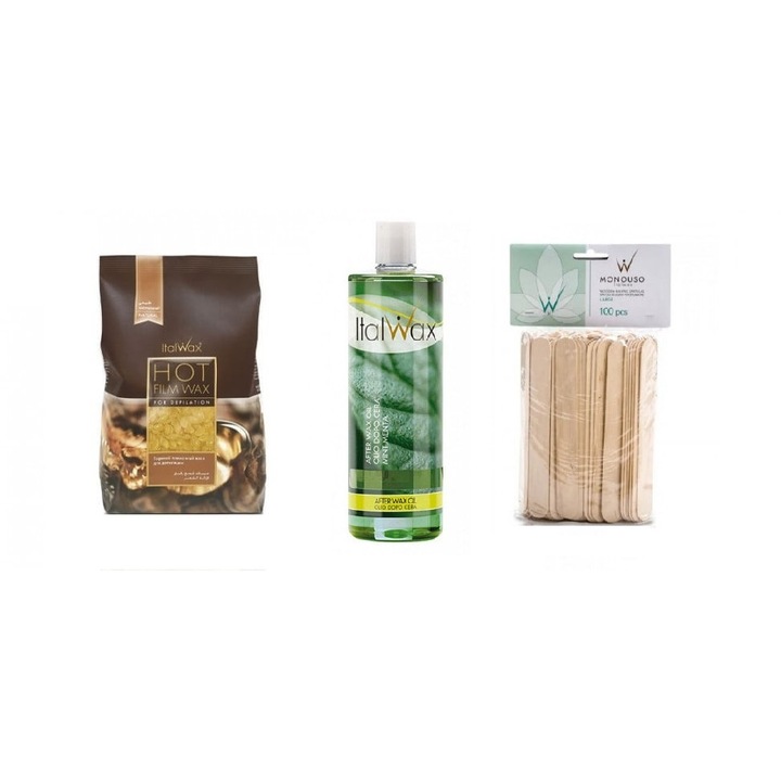 Set Epilare Piele sensibila, Italwax Hot Film, Ceara 1 kg cu Lotiune Mentol 500 ml cu Spatule mari 100 buc