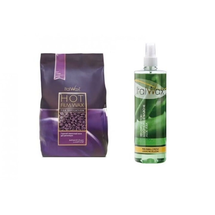 Set Epilare, Italwax Hot Film, Ceara Pruna 1 kg cu Lotiune preepilare Aloe Vera 500 ml