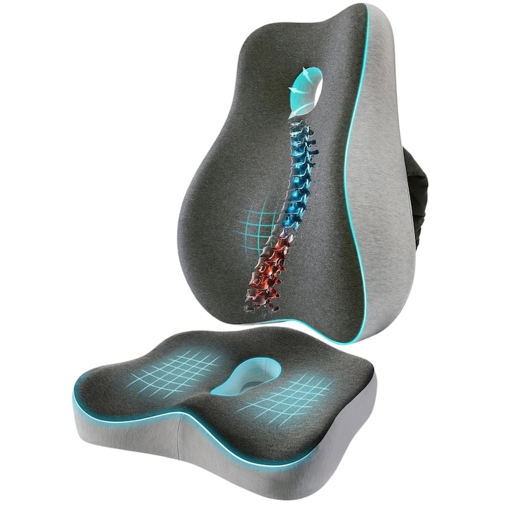 Perna ortopedica sezut si lombar LUDORA®, Set complet, Spuma cu memorie Premium, Pentru scaun de birou si de masina, Confort Coccis, Husa Respirabila si Antialunecare, Zona Lombara, Sciatica, Dureri de sold, Hemoroizi, Gri