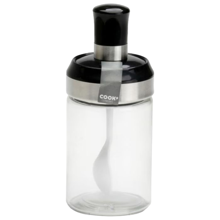 Borcan pentru condimente cu lingurita integrata, 16 x 6.5 cm, 250 ml, Cook Concept, Transparent/Negru