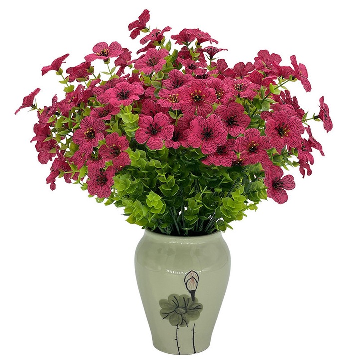 Комплект от 10 букета изкуствени цветя, JENUOS®, 7 лилави стъбла от евкалипт, UV устойчиви, пластмаса, 36 см височина, тъмно розово