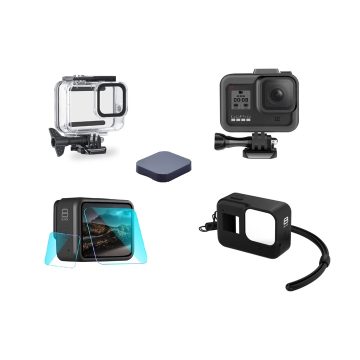 Комплект от 5 аксесоара за спортна видеокамера Gopro Hero 8 Black, водоустойчив калъф, защитно покритие Siliconset, защитен протектор, защитно покритие за обектива