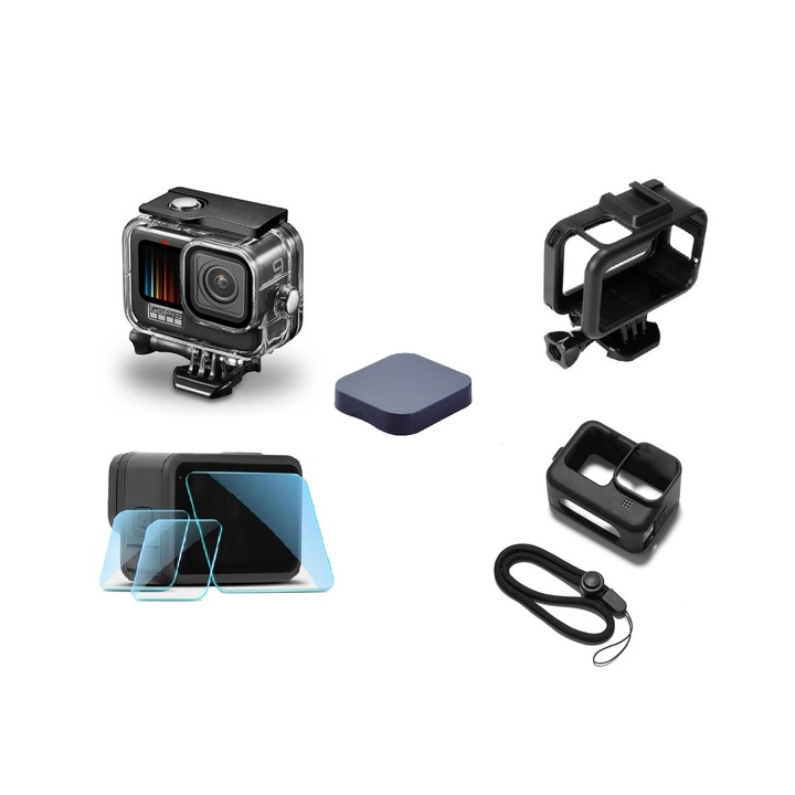 Комплект от 5 аксесоара за Gopro Sports Video Camera Hero 9 Hero 10 Hero 11 Hero 12, Водоустойчив калъф, Защитен калъф и дръжка, Силиконов защитен капак, Комплект защитен протектор за екран-обектив, Защитен капак за обектив