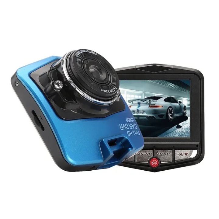 DVR камера за кола 2.4 инча Full HD, Широк ъгъл на заснемане, Детекция на движение, Сензор за гравитация, Циклично записване, въртене на 360⁰, Фиксиране на предното стъкло, Син
