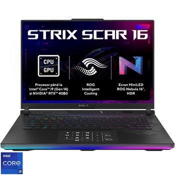 Laptop Gaming ASUS ROG Strix SCAR 16 G634JZR cu procesor Intel Core i9 14900HX pana la 5.8 GHz, 16", QHD+, Mini LED, 240Hz, 64GB DDR5, 2TB SSD, NVIDIA GeForce RTX 4080 12GB GDDR6 TGP 175W, Windows 11 Pro, Off Black