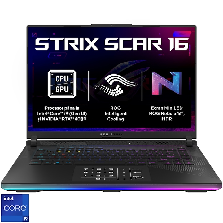 Laptop Gaming ASUS ROG Strix SCAR 16 G634JZR cu procesor Intel® Core™ i9 14900HX pana la 5.8 GHz, 16", QHD+, Mini LED, 240Hz, 64GB DDR5, 2TB SSD, NVIDIA® GeForce RTX™ 4080 12GB GDDR6 TGP 175W, No OS, Off Black