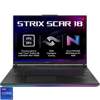 Laptop Gaming ASUS ROG Strix SCAR 18 G834JZR cu procesor Intel Core i9 14900HX pana la 5.8 GHz, 18", QHD+, Mini LED 240Hz, 64GB DDR5, 2TB SSD, NVIDIA GeForce RTX 4080 12GB GDDR6 TGP 175W, No OS, Off Black
