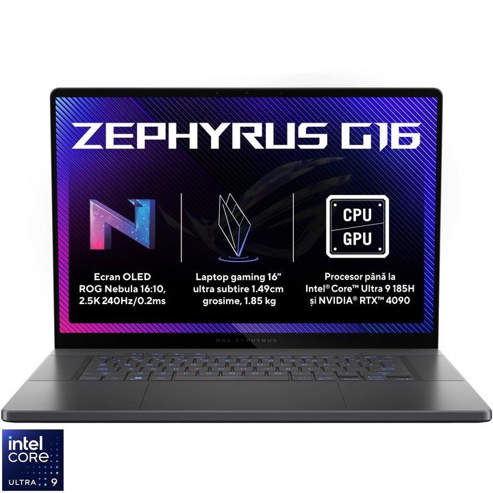 Laptop Gaming ASUS ROG Zephyrus G16 GU605MY cu procesor Intel® Core™ Ultra 9 185H pana la 5.1 GHz, 16", QHD+, OLED, 240Hz, 32GB DDR5, 2TB SSD, NVIDIA® GeForce RTX™ 4090 16GB GDDR6, Windows 11 Pro, Eclipse Gray