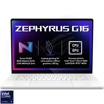 Laptop Gaming ASUS ROG Zephyrus G16 GU605MV cu procesor Intel Core Ultra 9 185H pana la 5.1 GHz, 16", OLED, 2.5K, 240Hz, 16GB LPDDR5X, 1TB SSD, NVIDIA GeForce RTX 4060 8GB GDDR6, No OS, Platinum White