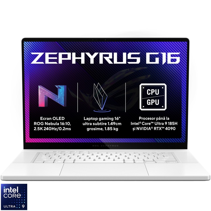 Laptop Gaming ASUS ROG Zephyrus G16 GU605MV cu procesor Intel® Core™ Ultra 9 185H pana la 5.1 GHz, 16", QHD+, OLED, 240Hz, 32GB DDR5, 1TB SSD, NVIDIA® GeForce RTX™ 4060 8GB GDDR6, No OS, Platinum White