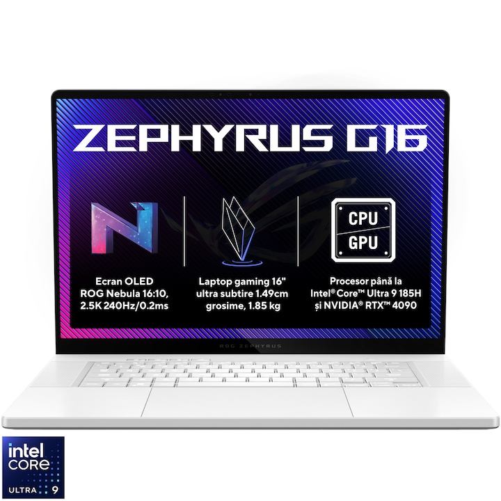 Лаптоп Gaming ASUS ROG Zephyrus G16 GU605MV, Intel® Core™ Ultra 9 185H, 16", OLED, 2.5K, 240Hz, 16GB LPDDR5X, 1TB SSD, NVIDIA® GeForce RTX™ 4060 8GB GDDR6, No OS, Platinum White