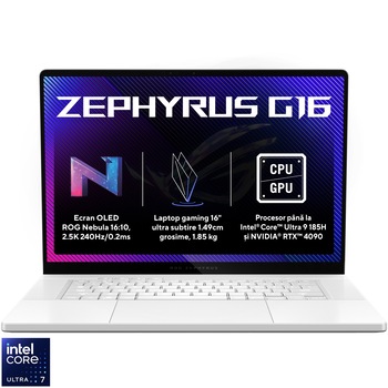 Laptop Gaming ASUS ROG Zephyrus G16 GU605MI cu procesor Intel Core Ultra 7 155H pana la 4.8 GHz, 16", QHD+, OLED, 240Hz, 32GB DDR5, 1TB SSD, NVIDIA GeForce RTX 4070 8GB GDDR6, Windows 11 Pro, Platinum White