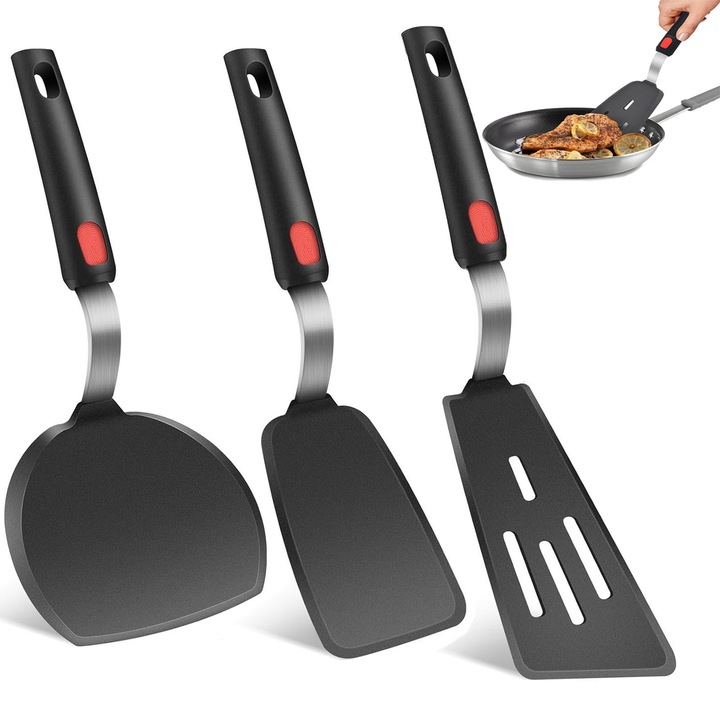 Set 3 spatule bucatarie, Axroad Mall, Rezistenta la temperaturi ridicate, Antiaderente, Anti-rugina, Anti-coroziune, Greutate redusa, Maner ergonomic, Facil de curatat, Suspendabil, Silicon/otel inoxidabil, Negru