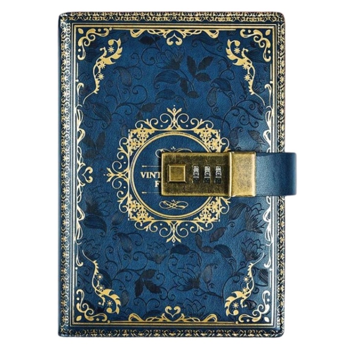 Agenda retro, cu incuietoare cu cifru, 112 file, hartie groasa de 100g, 22 x 15cm x 8cm, albastru