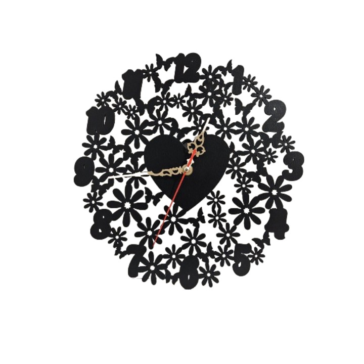 Ceas decorativ de perete, Fluturi, mecanism silentios, 32 cm, Negru