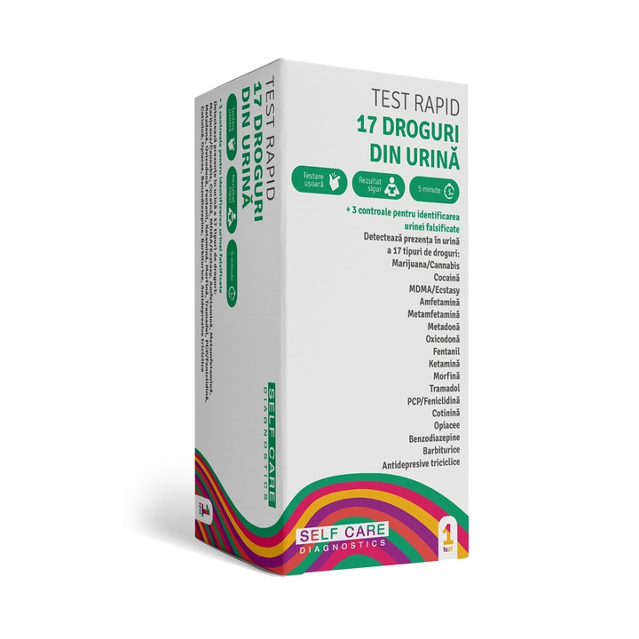 Test rapid droguri din urina, 20 parametri: 17 droguri + 3 parametri de control ai urinei falsificate Self Care