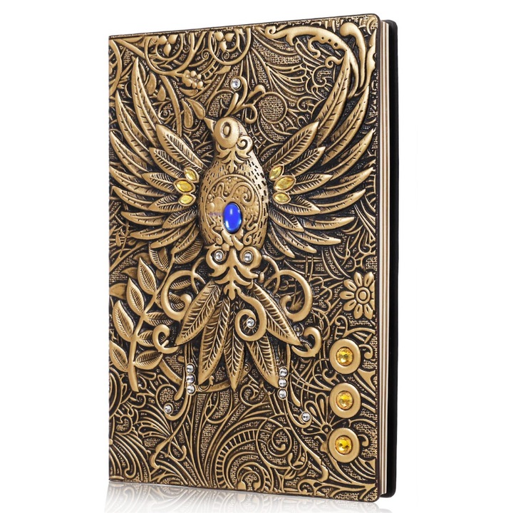 Agenda Phoenix, Piele Ecologica, Format A5, Coperta 3D, Lucrat Manual, 200 Pagini Vintage, Liniate, Cusatura, Jurnal, Auriu Antichizat