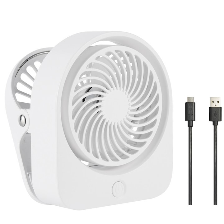 Ventilator cu clips, portabil si reincarcabil USB, puterea 5W, acumulatori 1200mAh, autonomie 1-4 ore, Ideas4Comfort®, alb