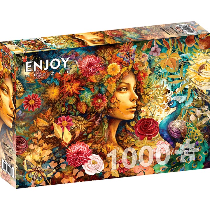 Puzzle 1000 Piese ENJOY – Mother Earth, Portret cu Mama Natura si Flori de Toamna – Aspect Mat Anti-Reflexii, Suprafata Catifelata, Piese Rigide cu Forme Unice, Imbinare Stransa, Culori Intense, Inlocuire Piese Lipsa – 68x48 cm