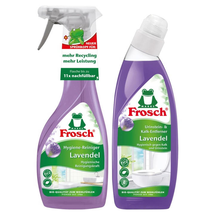 Хигиеничен препарат Frosch, Lavendel, спрей, 500 ml + Дезинфекционен гел за тоалетна, с лавандулово масло, 750 ml