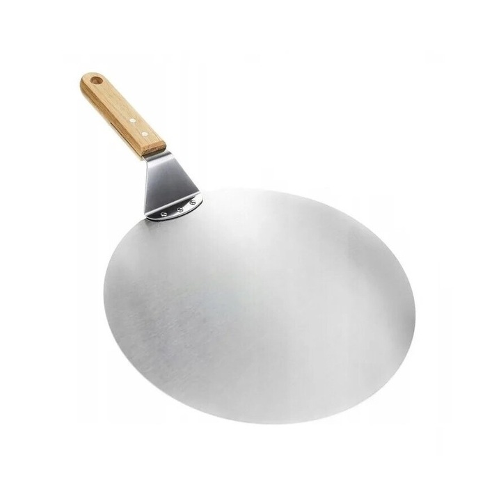 Tava pizza cu maner, otel inoxidabil si lemn, 25.5 cm