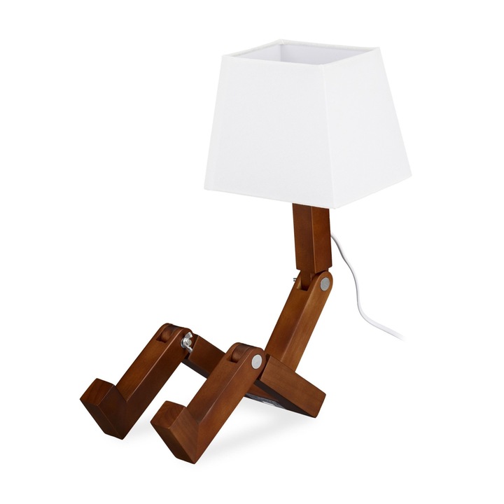 Lampa de masa robot, cu membre mobile, din lemn, abajur din material textil, maro, 42 x 18 x 32 cm