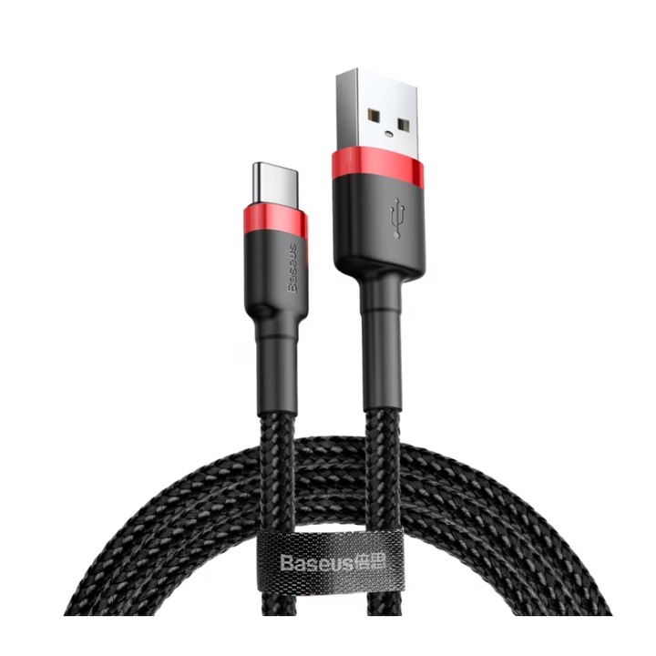 Кабел за данни и зареждане Baseus Cafule CATKLF-C91, USB към USB Type-C, поддръжка на Quick Charge, дължина 2 м, комбинация от черен и червен цвят