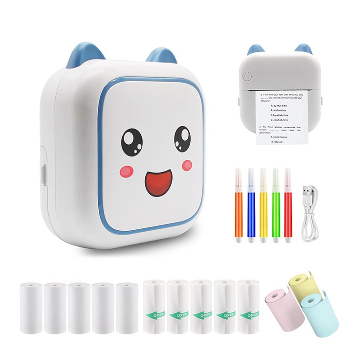 Мини термопринтер и 14 хартиени ролки 57x25 мм, с цветни химикалки, Bluetooth, iOS/Android съвместим, APP печат, KINSI, син