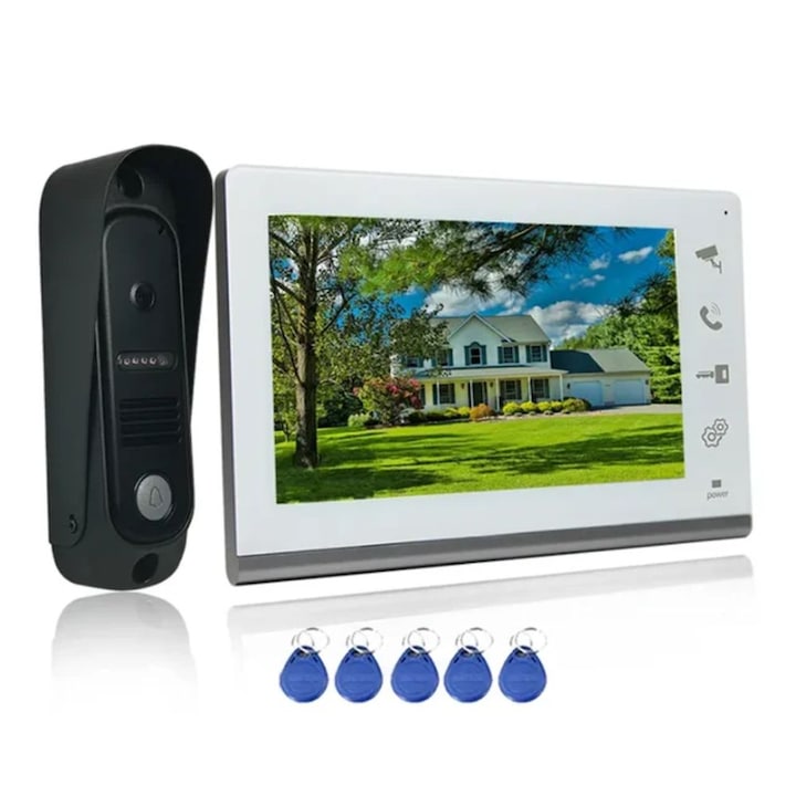 Sistem video de interfon cu ecran de 7 inchi, CRISTALIS SALE™, Videointerfon cu 5 chei de acces, Vedere nocturna, Sonerie de usa pentru vila sau apartament