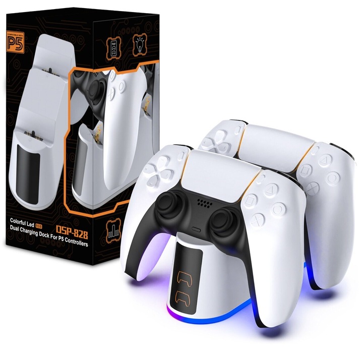 Statie incarcare gamepad, Excitat®, LED, Compatibil cu PlayStation 5, Alb