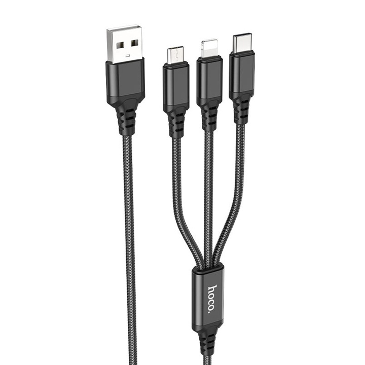 HOCO X76 USB Type-A apa - USB Type-C / Micro USB Type-B / Lightning apa iPhone Töltőkábel - Fekete (1m) (X76_B)
