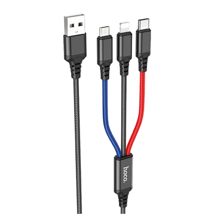 3in1 töltőkábel, USB-A - micro USB / USB-C / iPhone 8pin, 2A 1m, többszínű, Hoco X76