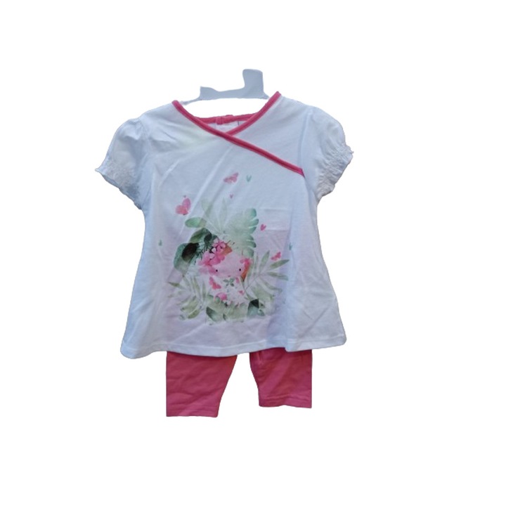 Тениска с къси панталонки, Флорален десен, Бял/Розов, Бял/Розово