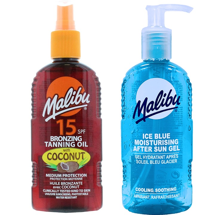 Set ulei/gel pentru bronz, Malibu, 2x200 ml
