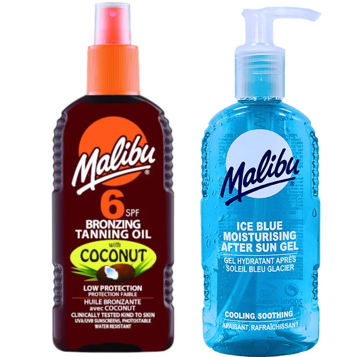Комплект олио за тен Malibu, с кокос SPF6 200мл и гел след слънце 200мл