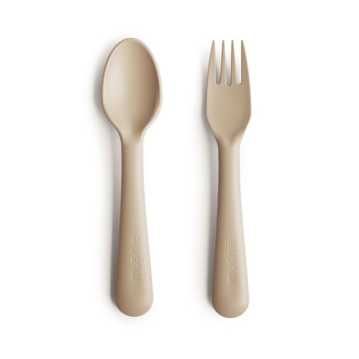 Mushie evőeszközkészlet, műanyag, vanília, 16 cm