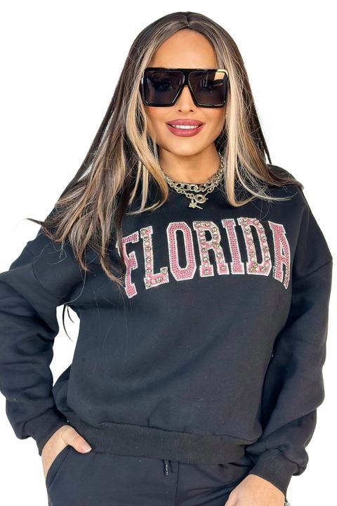 Rolling negru din bumbac cu imprimeu "FLORIDA" accesorizat cu strasuri, Negru