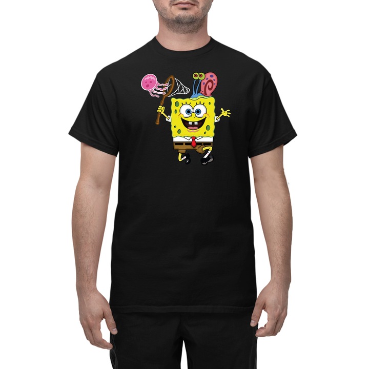 Tricou personalizat pentru barbati cu imprimeu, Diverse personaje desena animate model 65, Bumbac, Negru, S